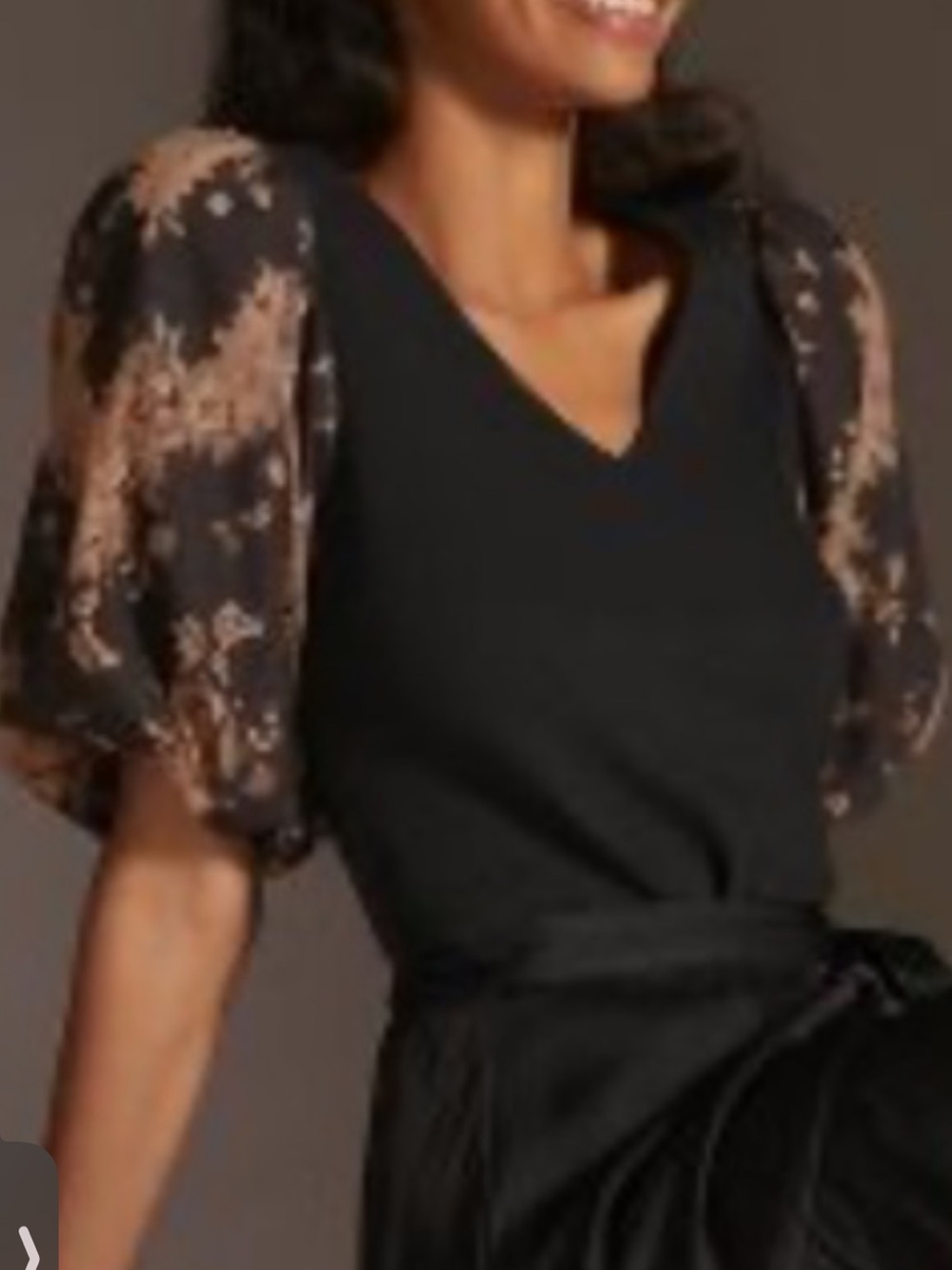 dolan Black V-Neck Top with Sheer Floral Puff Sleeves size medium